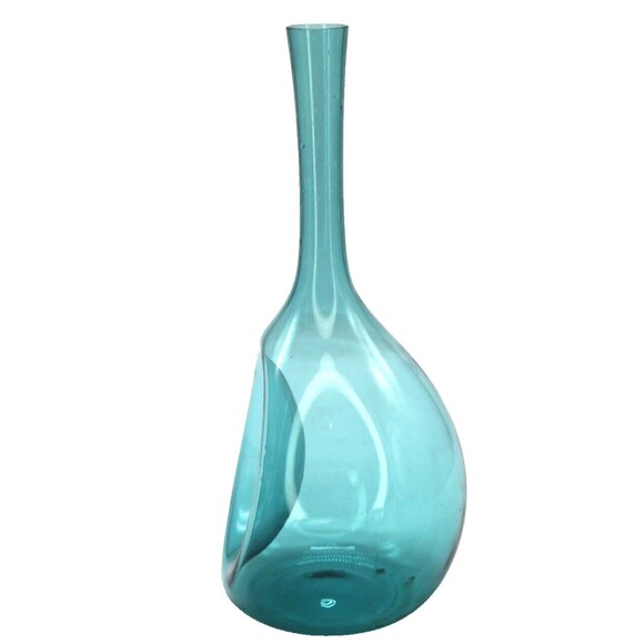 Dimpled Bulb Vase Hand Blown Art Glass Sweden MCM  Aqua Blue - Picture 2 of 16
